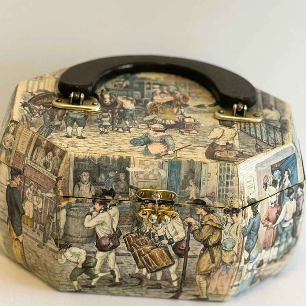 Vintage Decoupage Wooden Box Purse with Bakelite Handle Felt Lining
